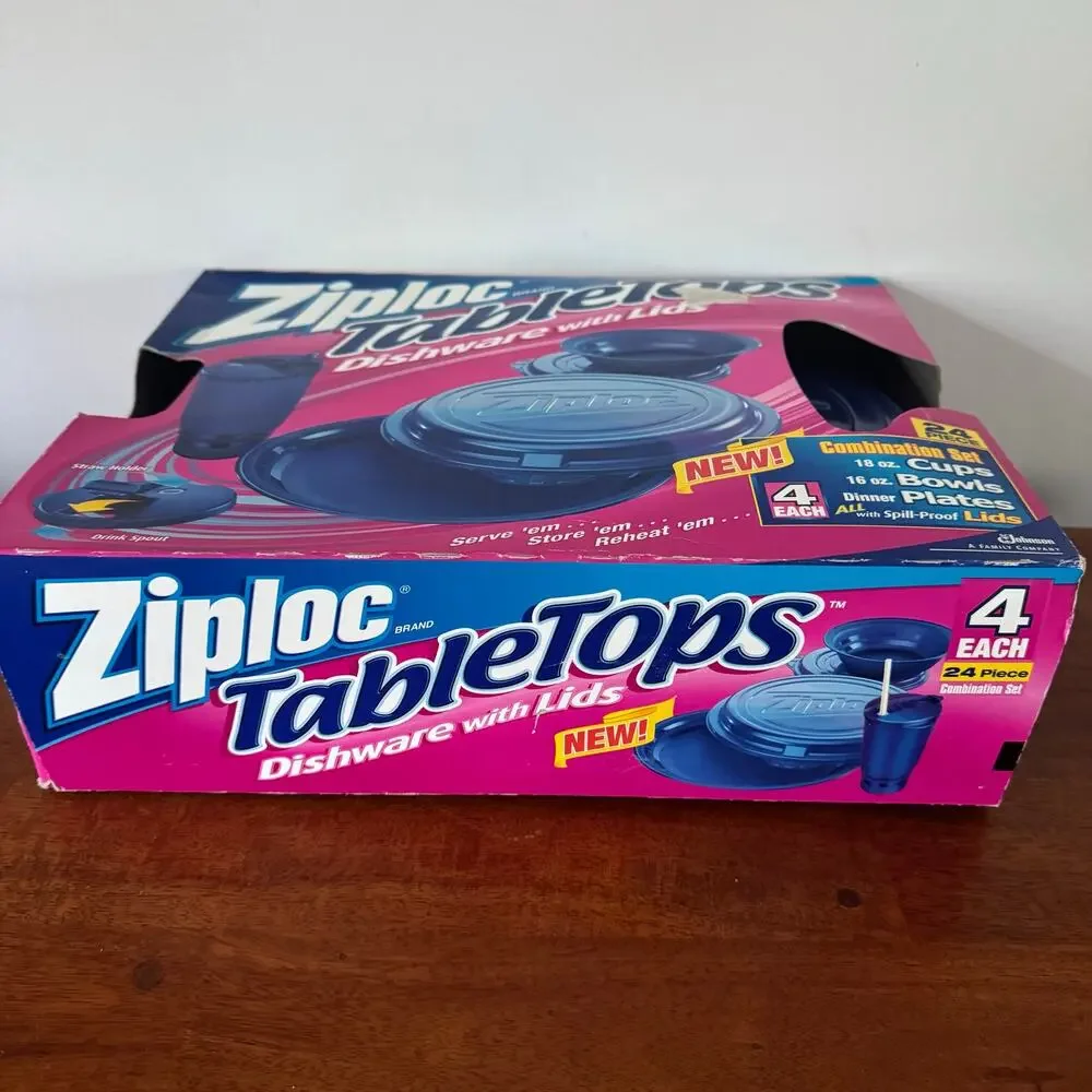 Vintage 2001 Ziploc TableTops 24 Pc Dishware Set Cups Bowls Plates Lids NOS
